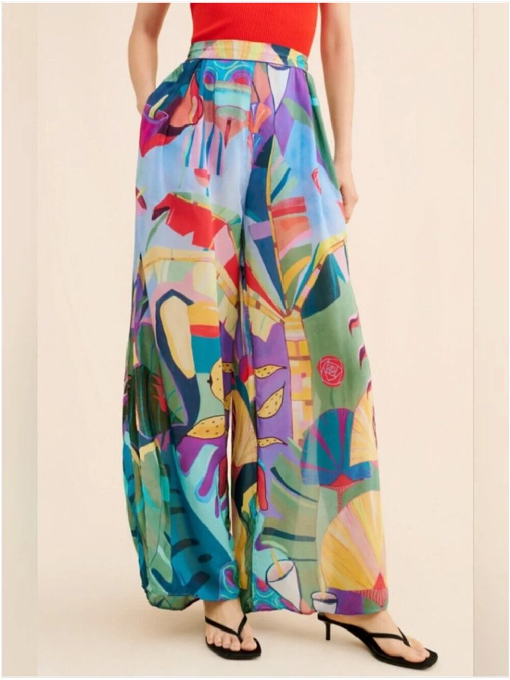 Farm Rio Tropical Scenario Side Slit Pants Floral wide leg side pockets size M